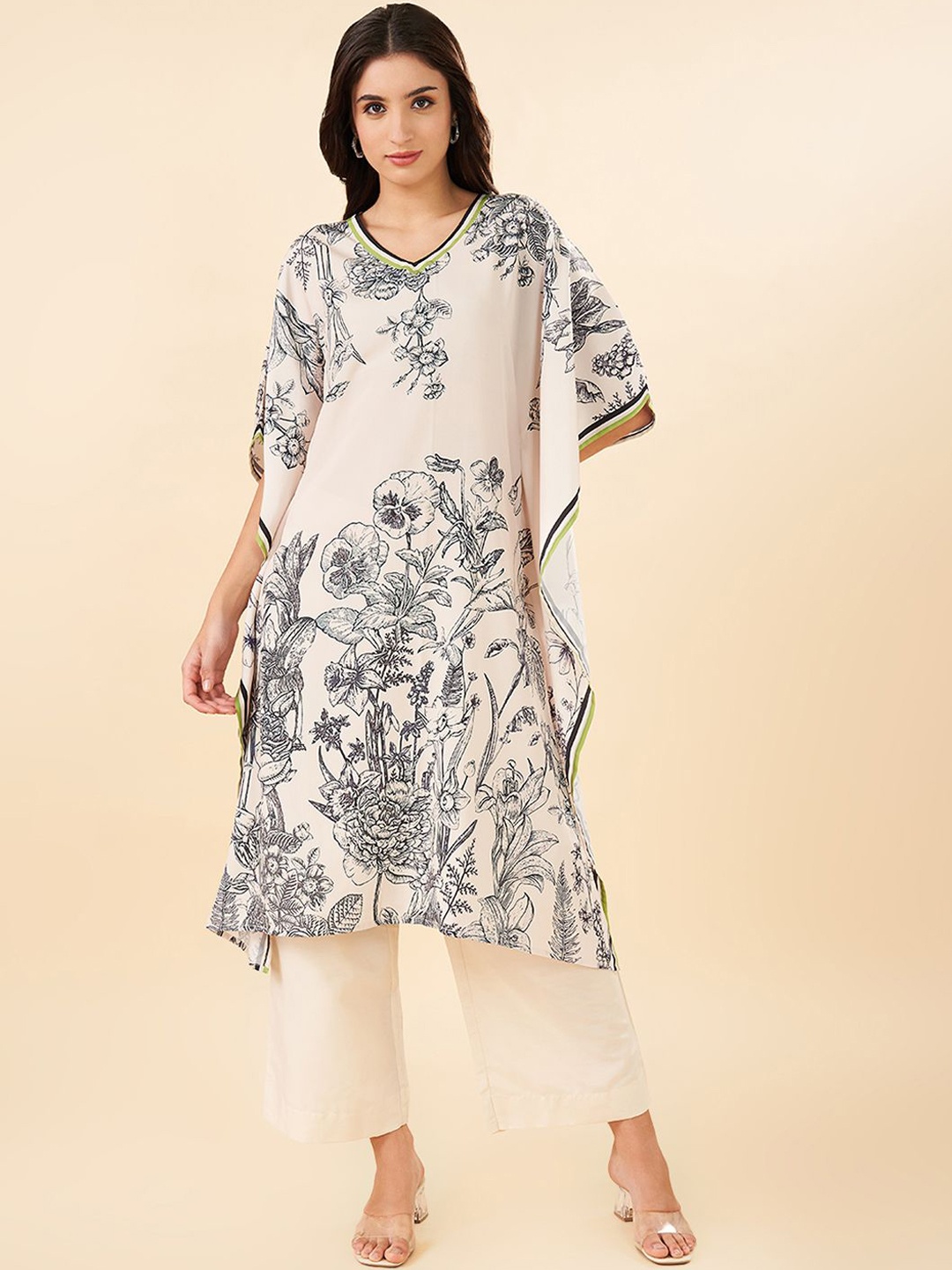 

RANGMANCH BY PANTALOONS Floral Printed V-Neck Kaftan with Trousers, White
