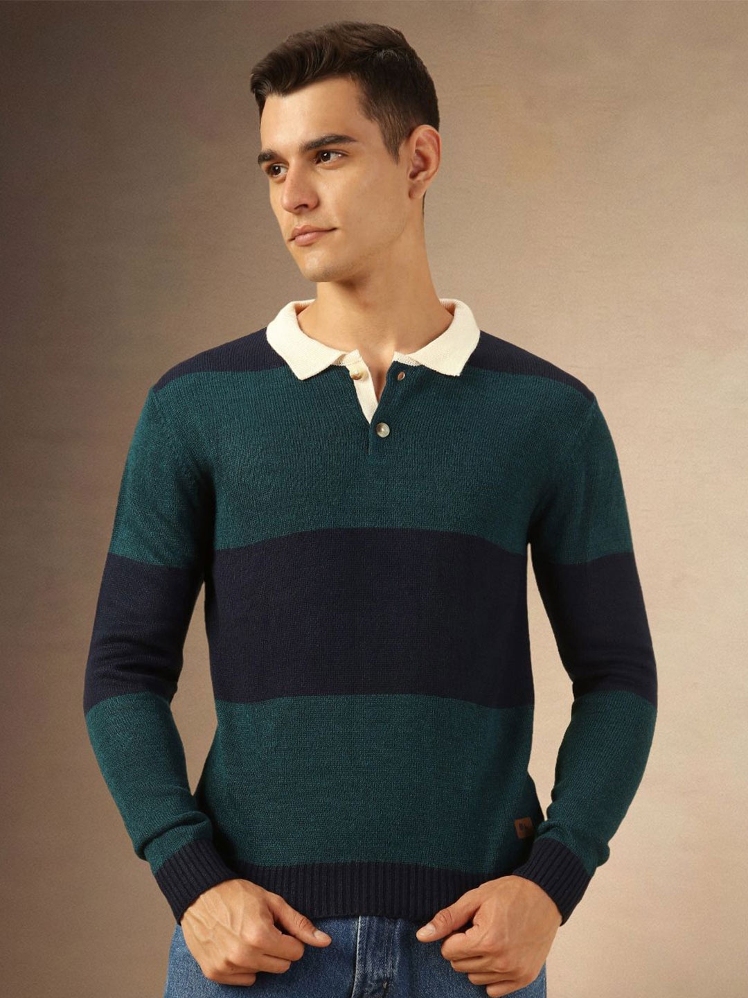 

Dennis Lingo Men Colourblocked Striped Pullover Sweater, Teal