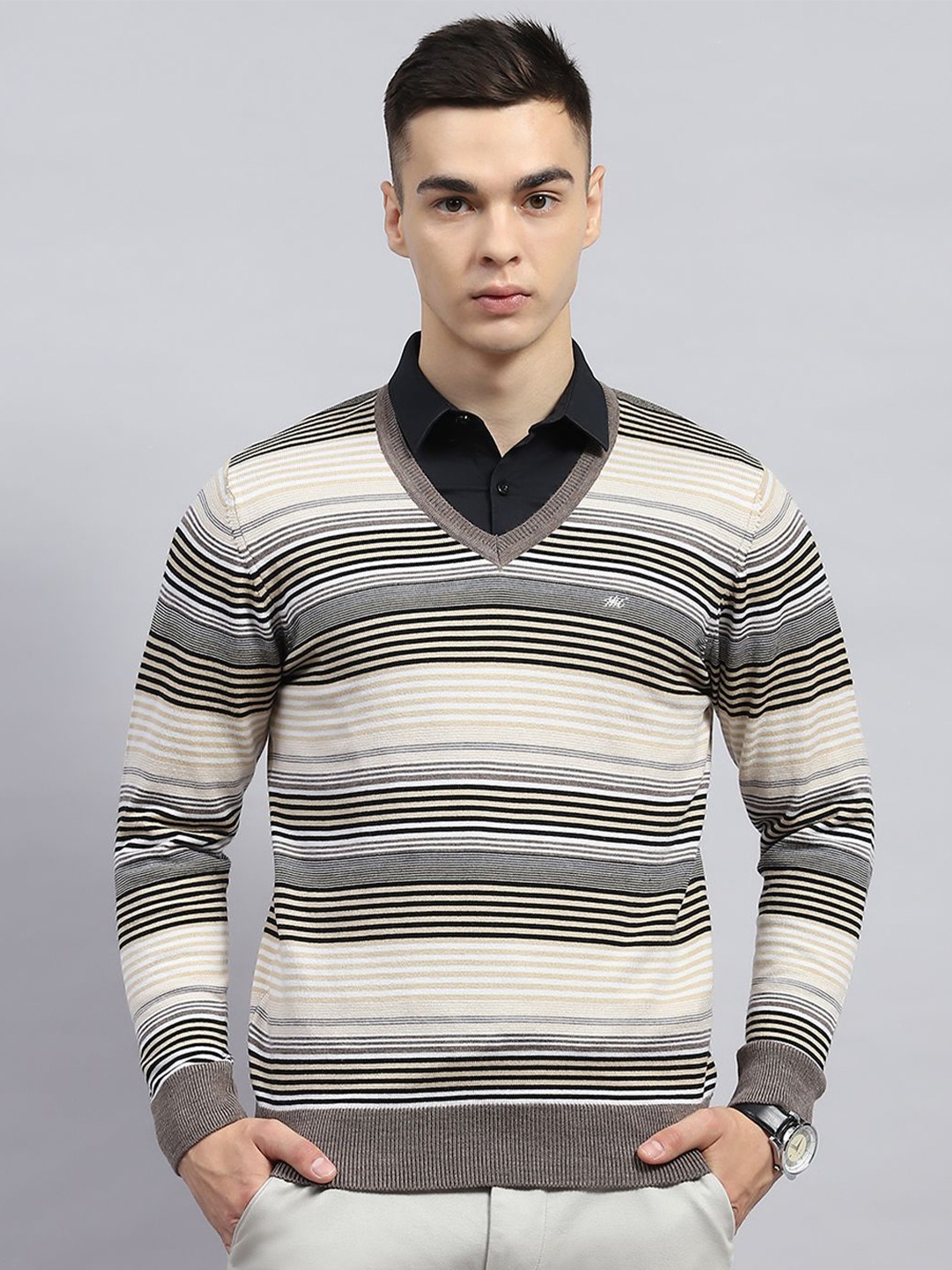 

Monte Carlo Men Striped Woollen Pullover Sweaters, Beige