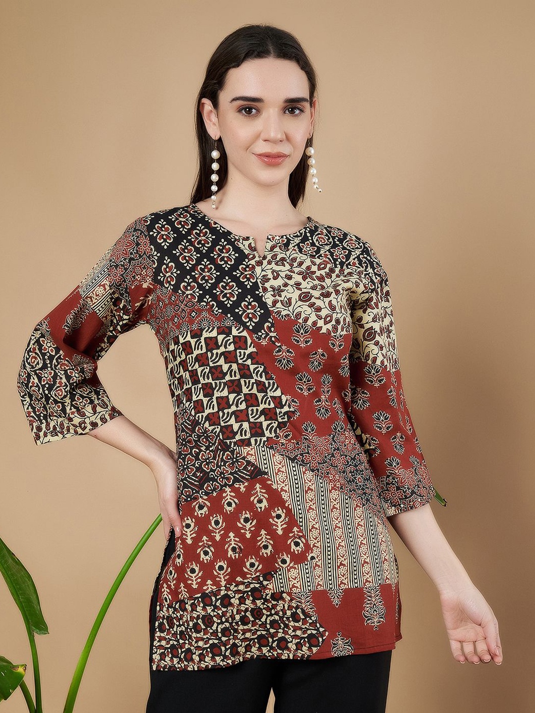 

KALINI Abstract Printed Pure Cotton Patchwork Kurti, Brown