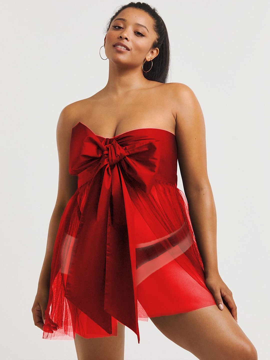 

VAGHBHATT Women Front Bow Tie-Up Strapless Baby Doll, Red