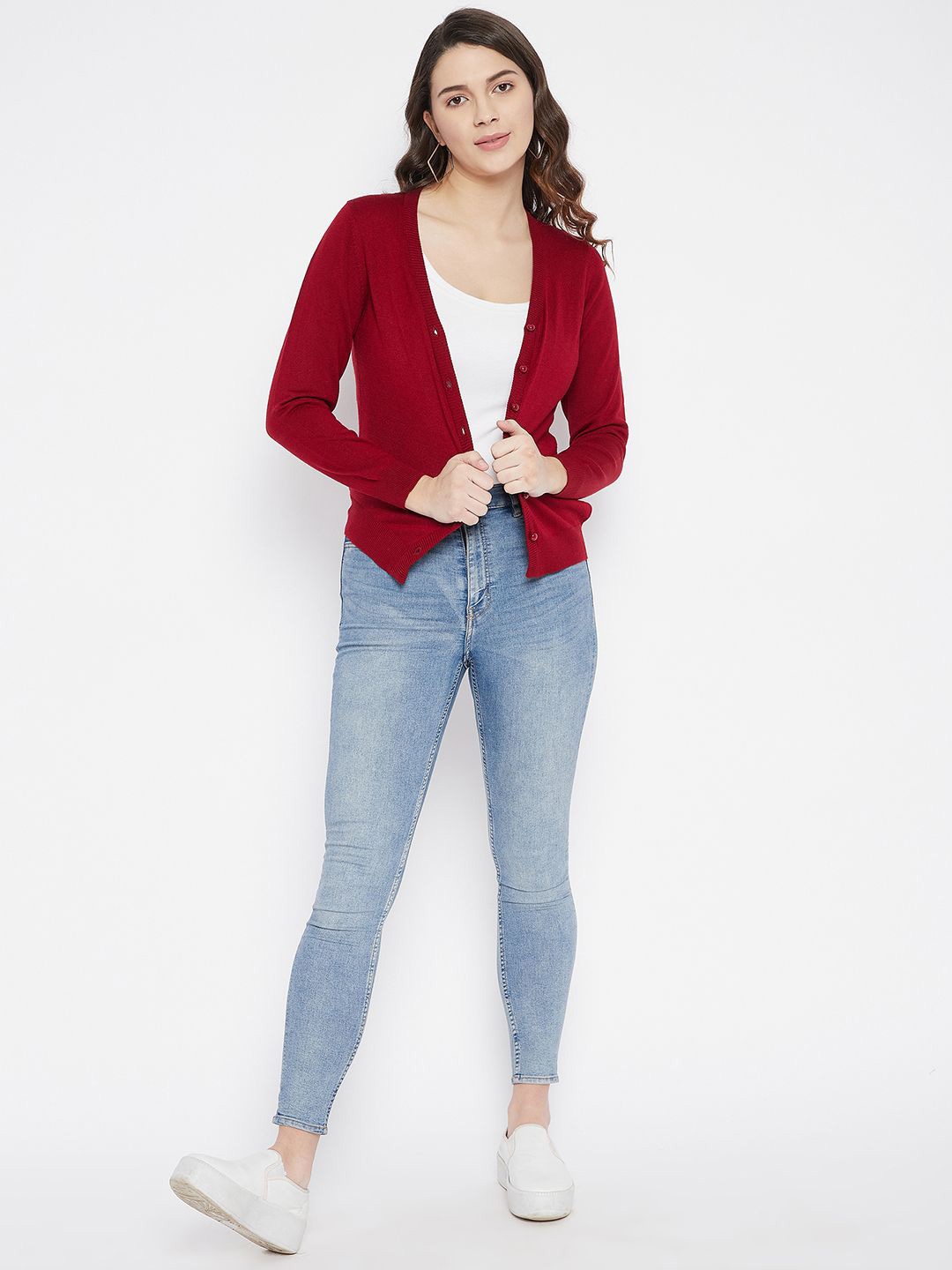 

Zigo Women Self Design Woollen Cardigan, Burgundy