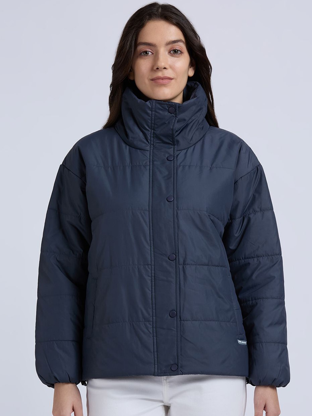 

Pepe Jeans Women Mock Collar Solid Casual Quilted Jacket, Navy blue