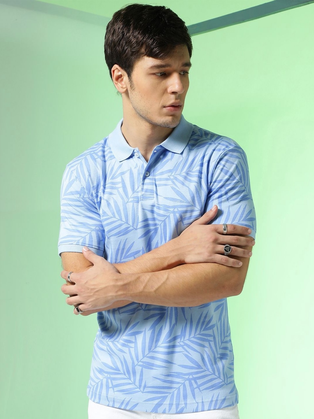 

Markle Moro Men Floral Printed Polo Collar Cotton T-shirt, Blue