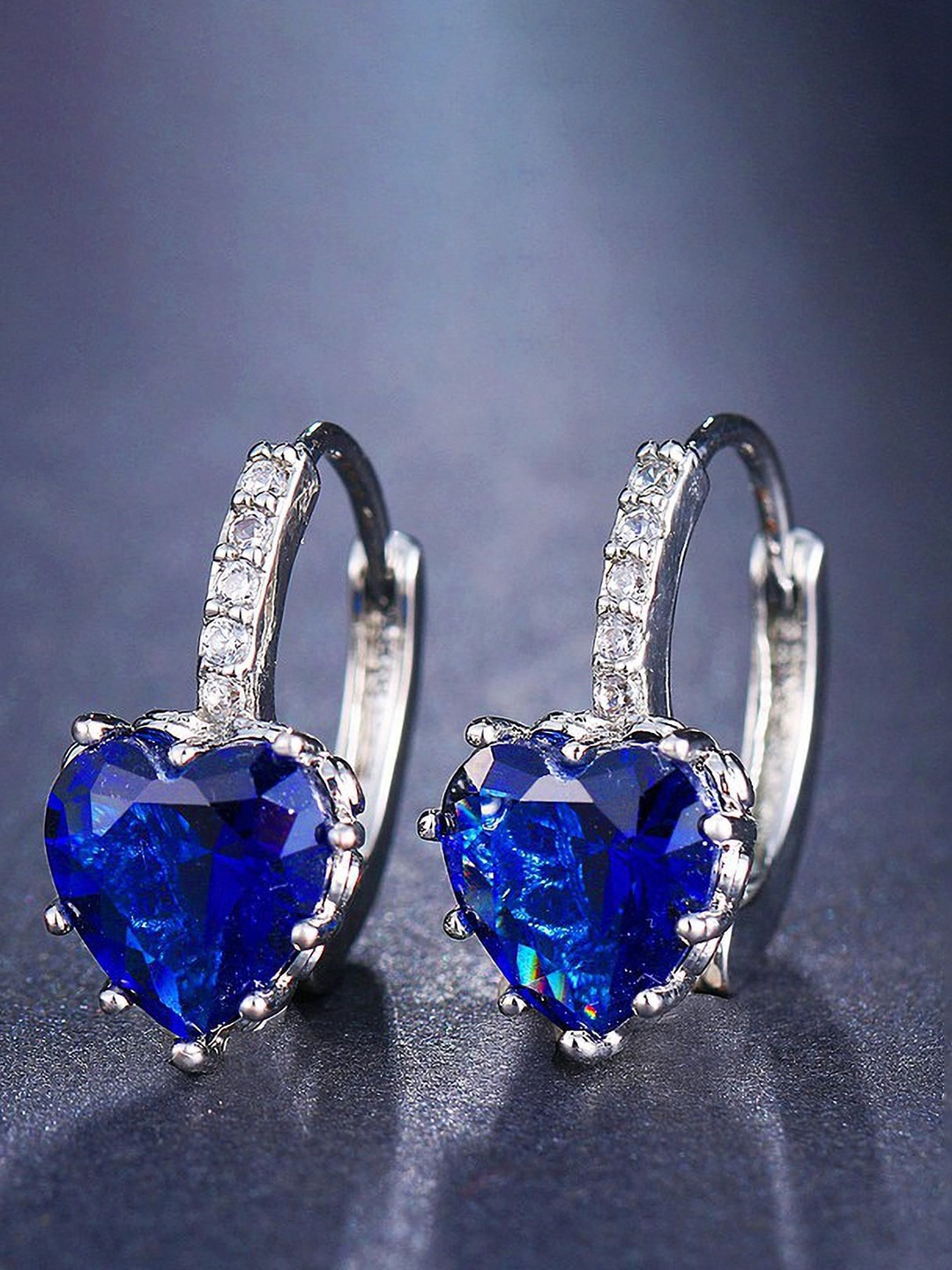 

MYKI Silver-Plated Stainless Steel Cubic Zirconia Stone Studded Heart Shaped Hoop Earrings