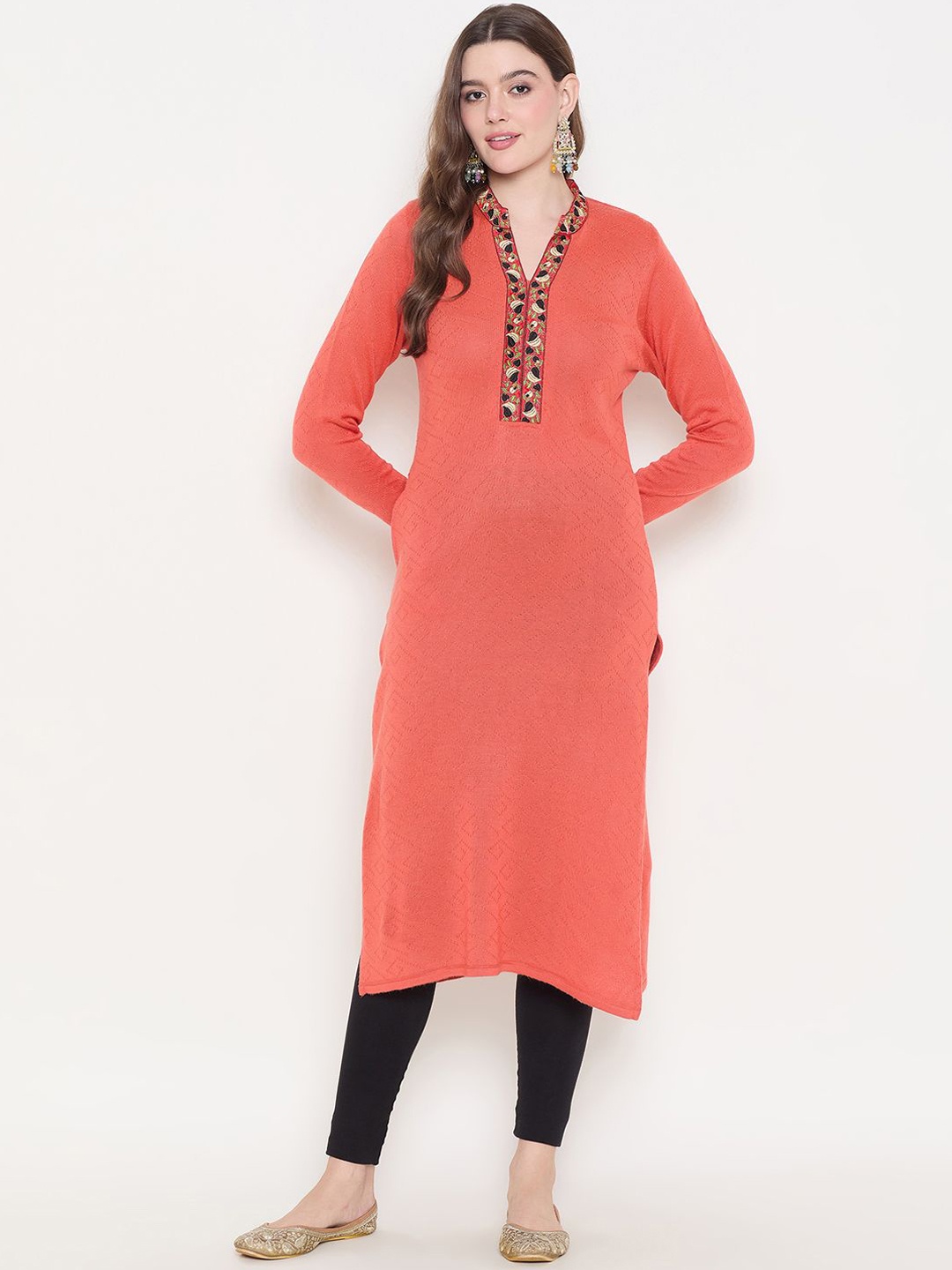 

Zigo Floral Embroidered V Neck Woollen A Line Kurta, Orange