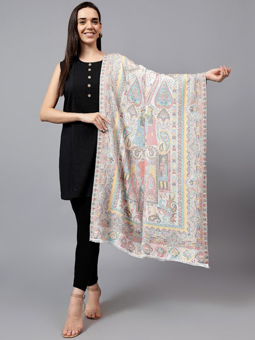 

Mizash Ethnic Motifs Printed Pure Woollen Shawl, White