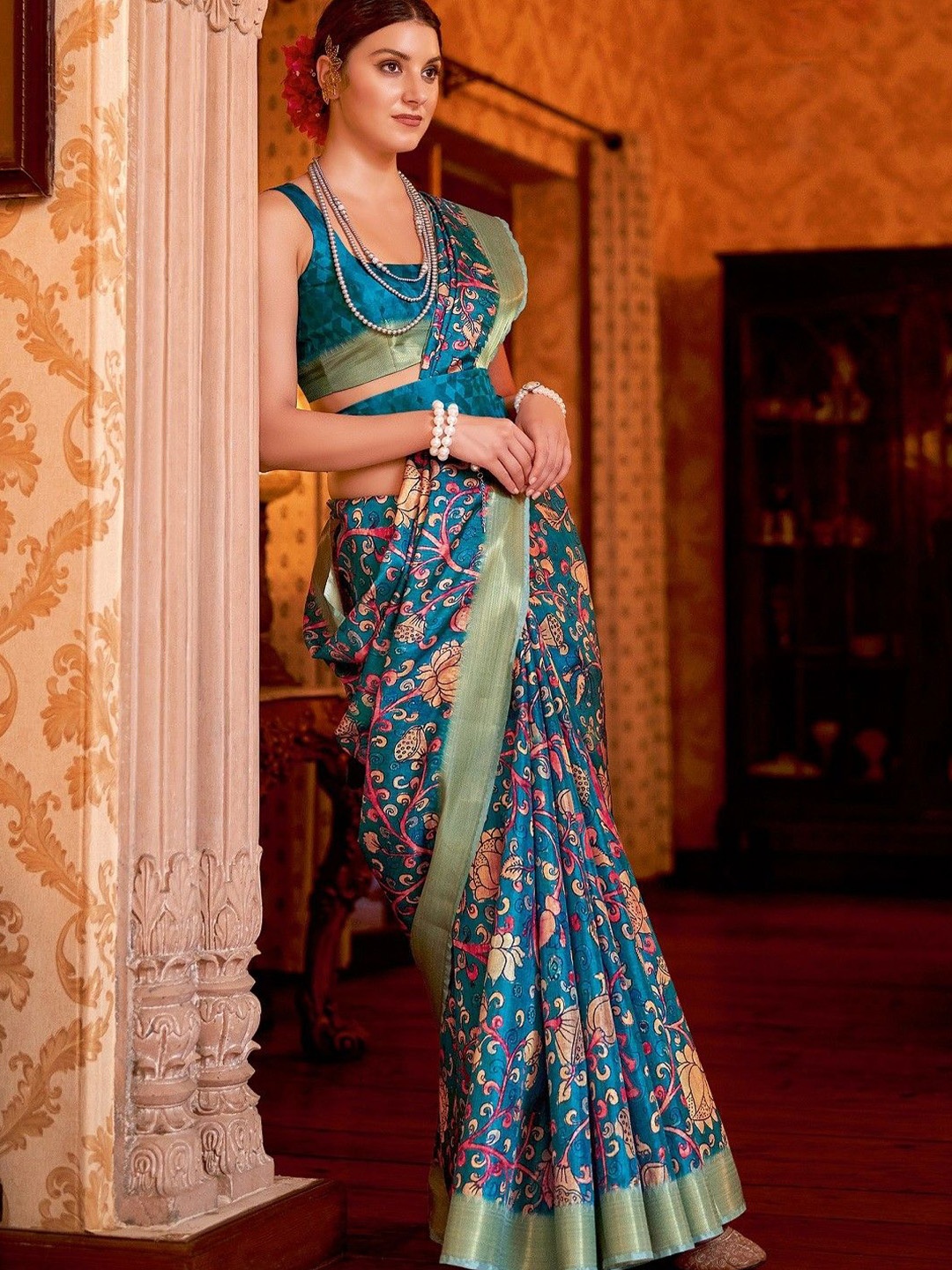 

Stylum Ethnic Motifs Printed Zari Woven Design Bhagalpuri Sarees, Teal