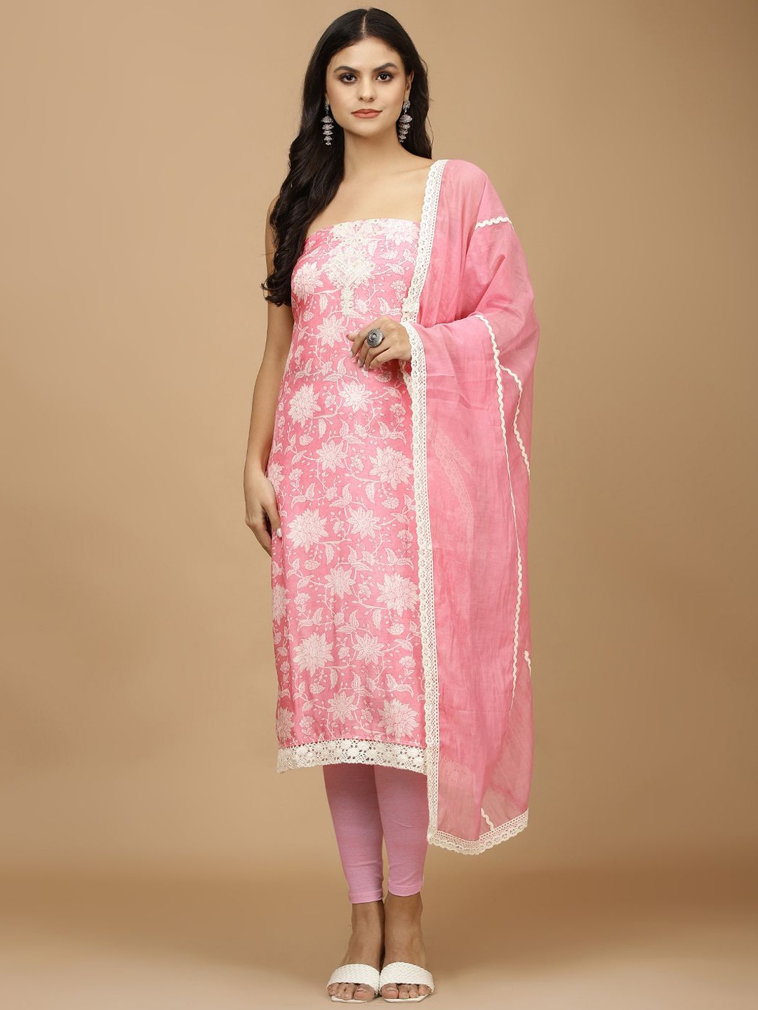 

Meena Bazaar Floral Printed Sequinned Cotton Unstitched Dress Material, Pink