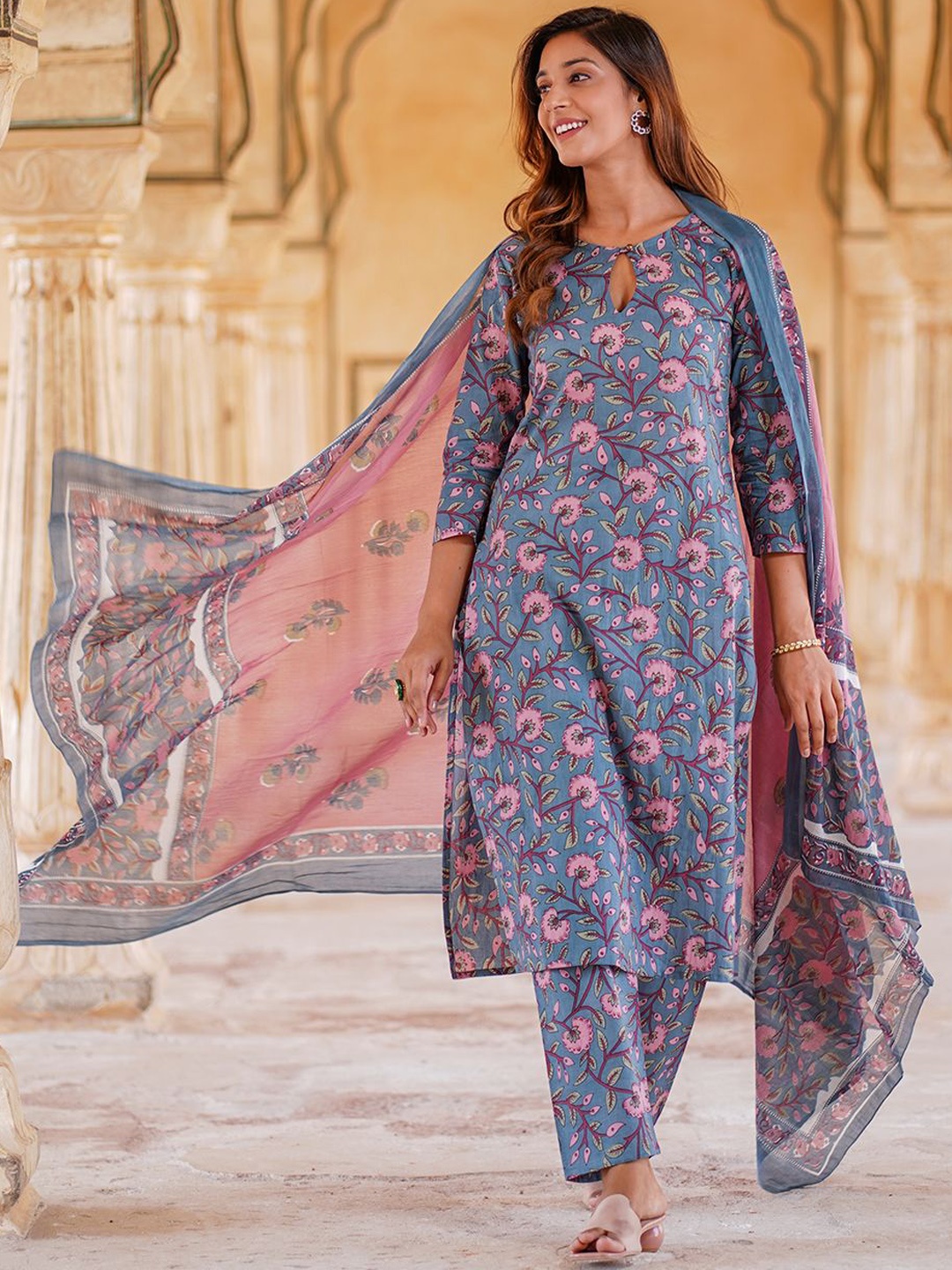

KALINI Floral Printed Pure Cotton Kurta With Trousers & Dupatta, Blue