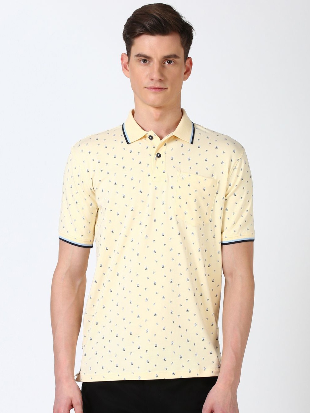 

Peter England Men Geometric Printed Polo Collar Cotton T-shirt, Yellow