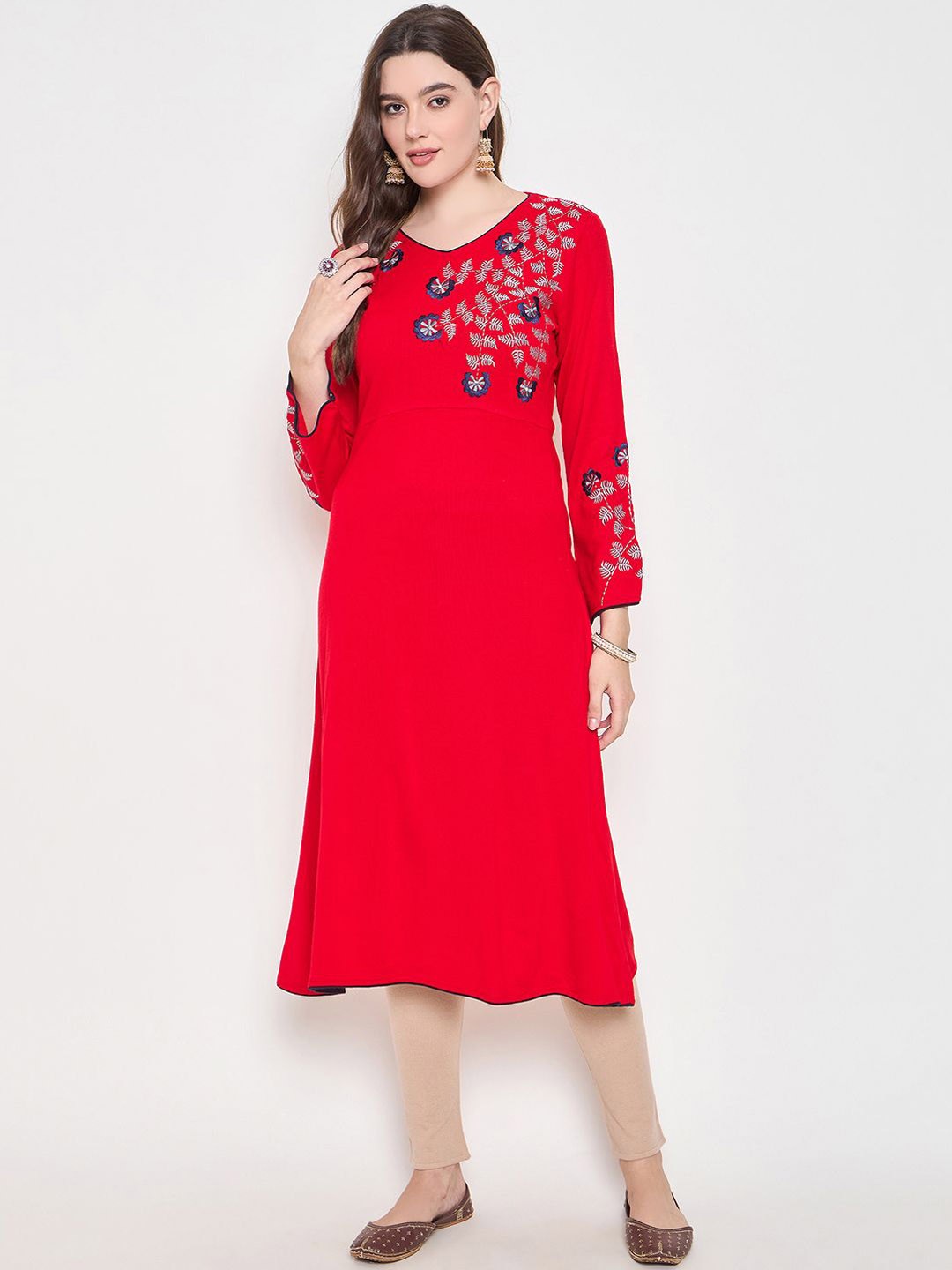 

Zigo Floral Embroidered V- Neck Thread Work Woollen A-Line Kurta, Red