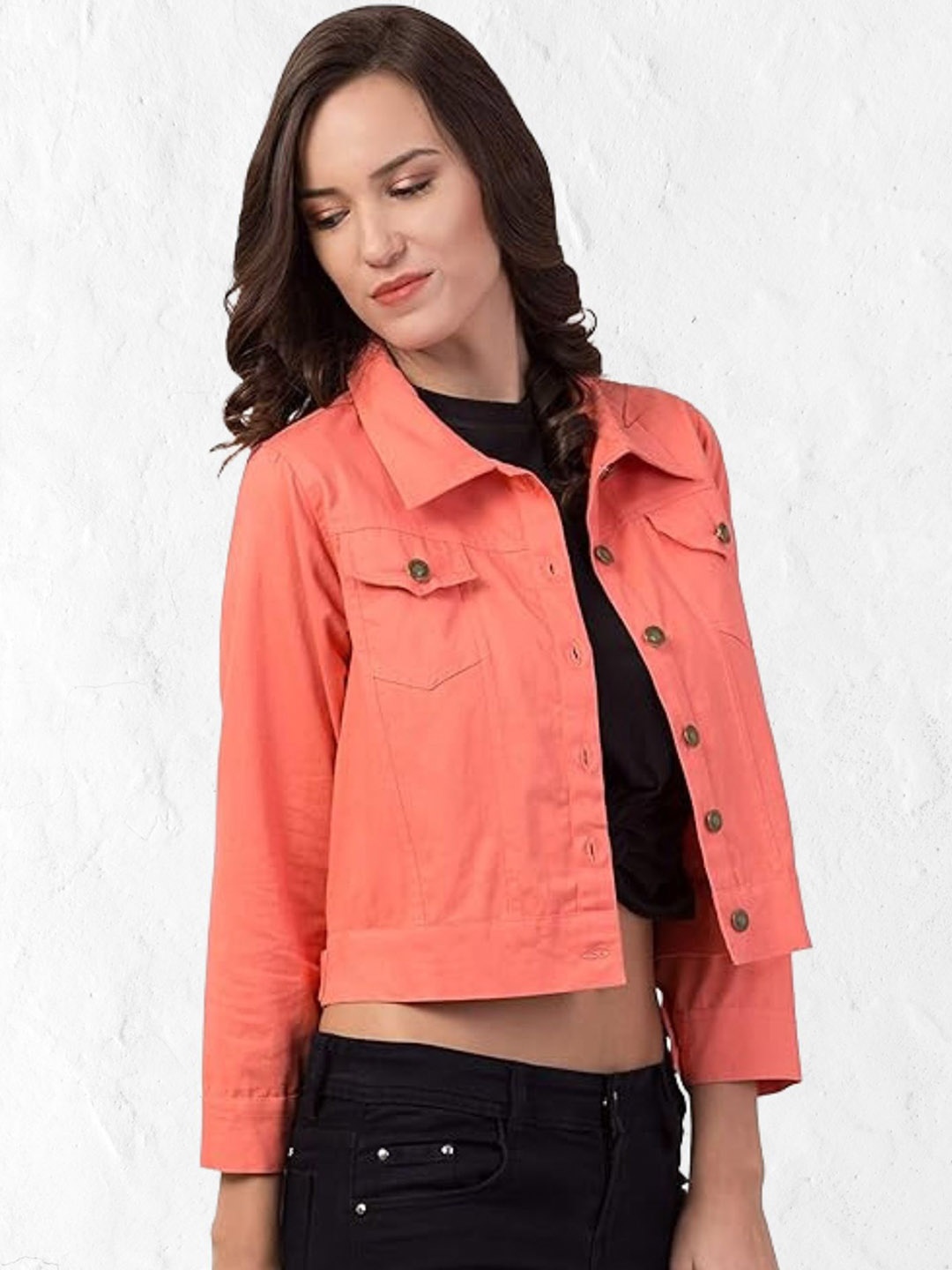 

Funday Fashion Women Spread Collar Solid Cotton Casual Denim Jacket, Orange