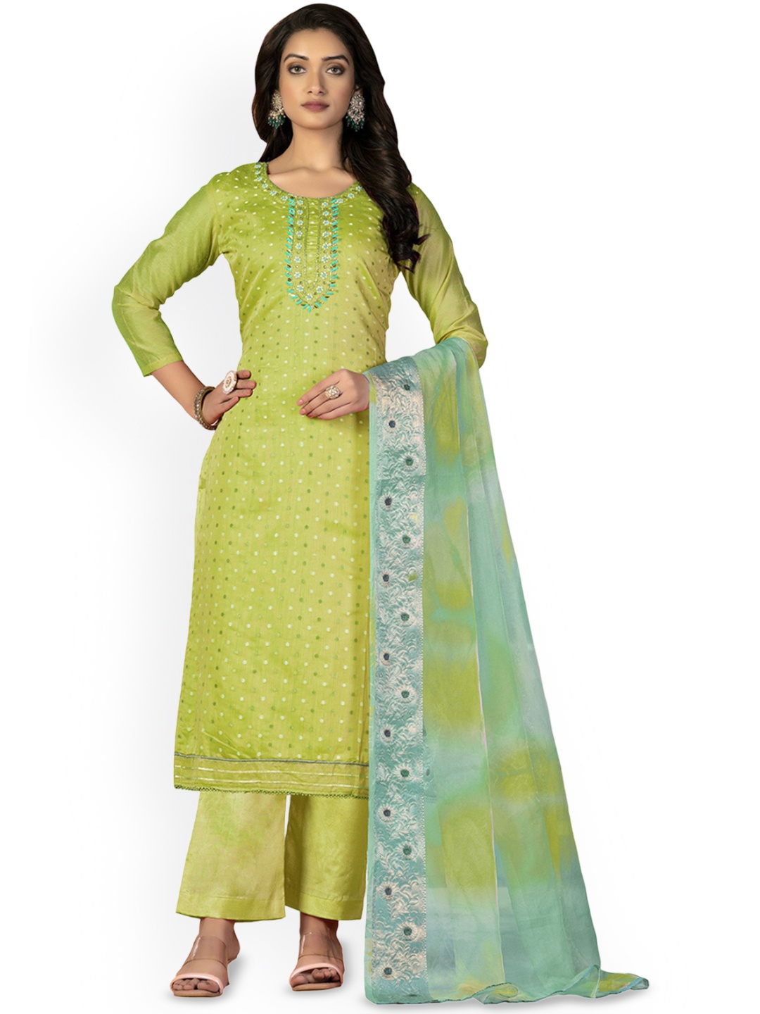 

Maroosh Floral Embellished Unstitched Dress Material, Green