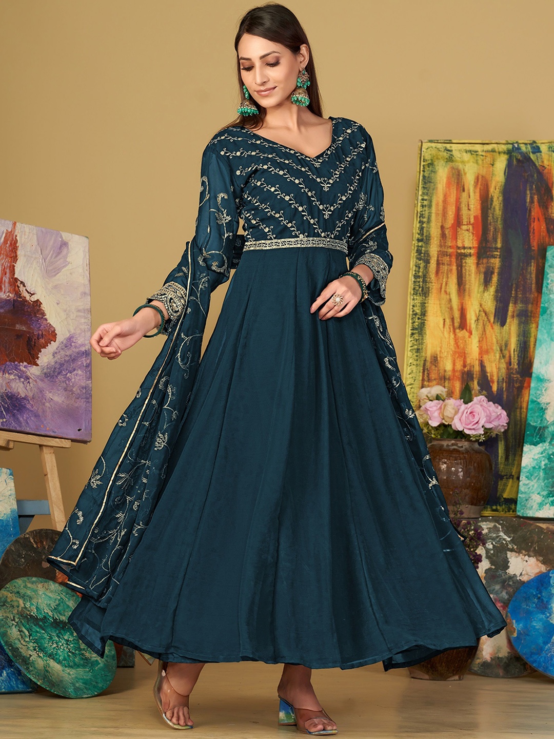 

Warthy Ent Floral Embroidered Semi-Stitched Dress Material, Turquoise blue