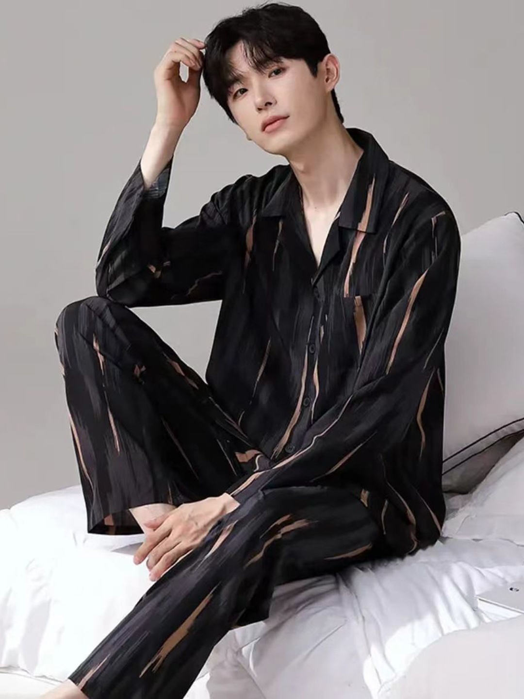 

StyleCast Men Abstract Printed Shirt With Pyjama Night Suit, Black