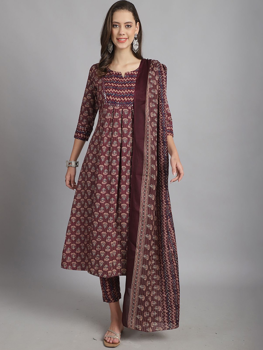 

KALINI Floral Printed Regular Sequinned A-Line Kurta with Trousers & Dupatta, Maroon