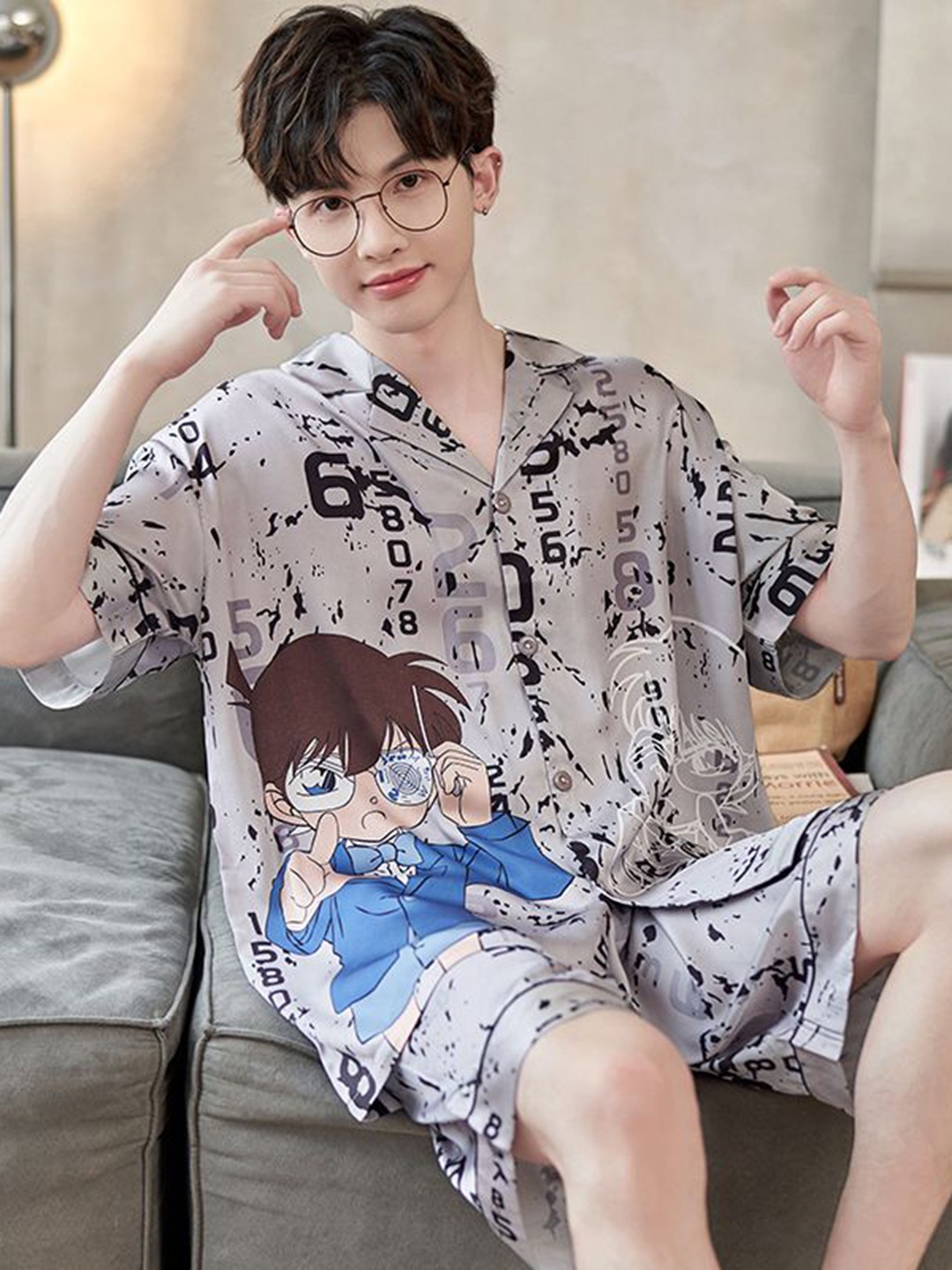 

StyleCast Men Printed Shirt With Shorts Night Suit, Brown