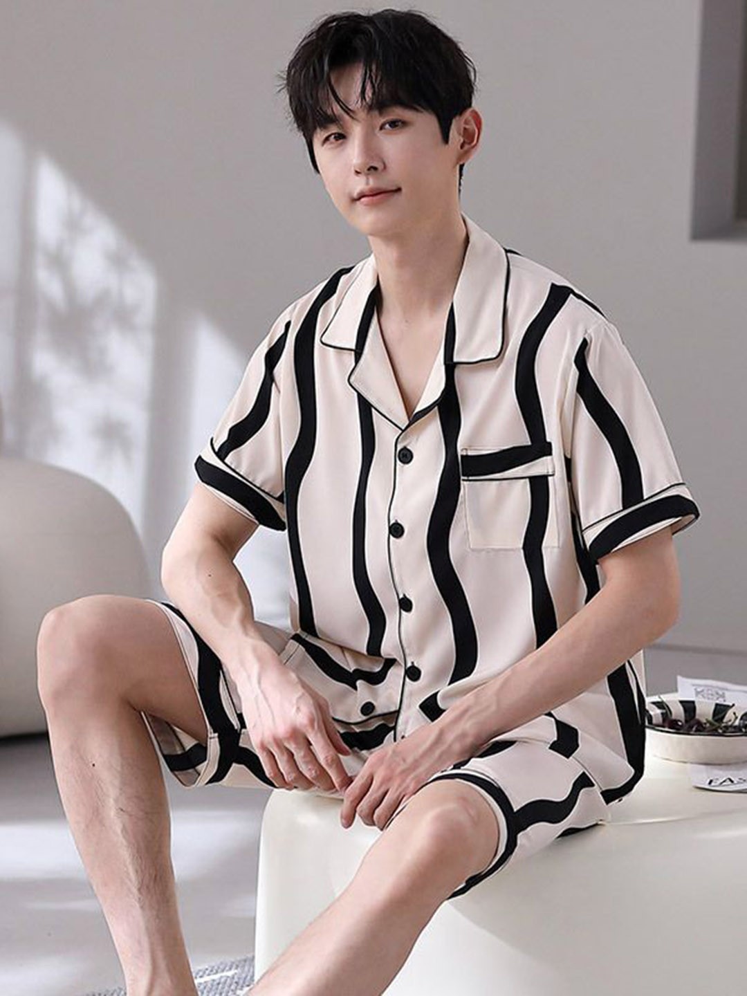 

StyleCast Men Lapel Collar Printed Shirt With Shorts Night Suit, Beige