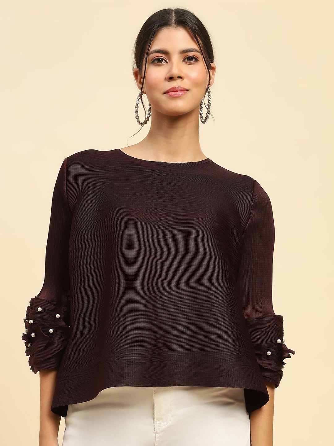 

Global Republic Women Bell Sleeve Blouson Top, Maroon