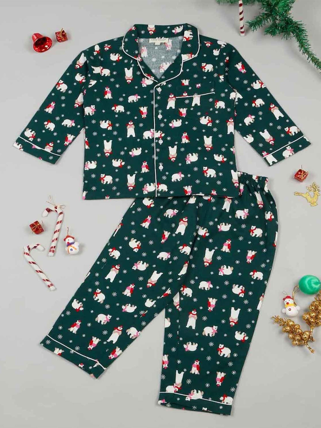 

LITTLE GINNIE Boys Printed Lapel Collar Long Sleeves Night suits, Green