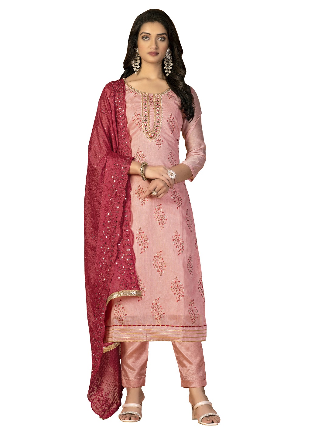 

Maroosh Ethnic Motifs Embroidered Beads and Stones Unstitched Dress Material, Peach