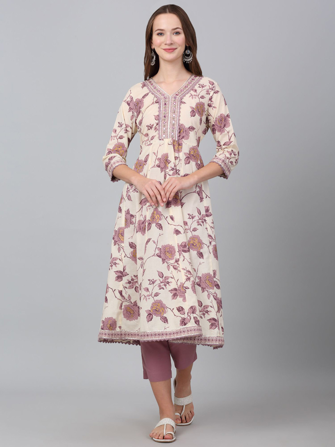 

Cantabil Floral Printed Mirror Work Regular Pure Cotton Anarkali Kurta with Trousers, Off white