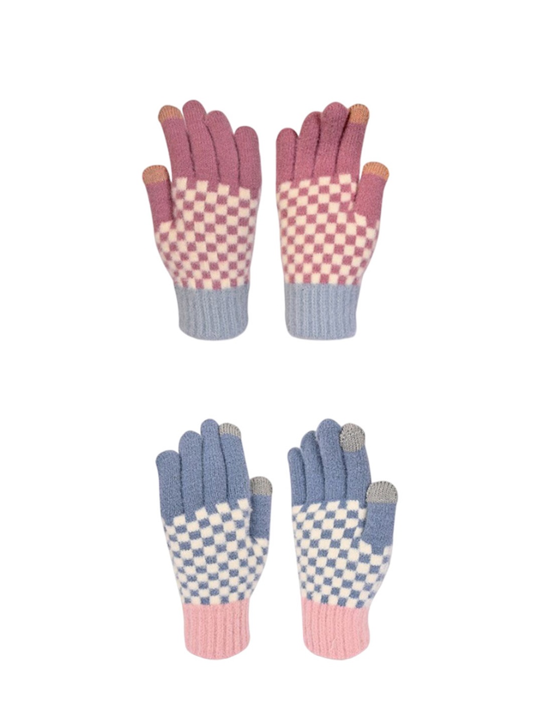 

LOOM LEGACY Women Pack of 2 Checked Winter Woollen Gloves, Pink