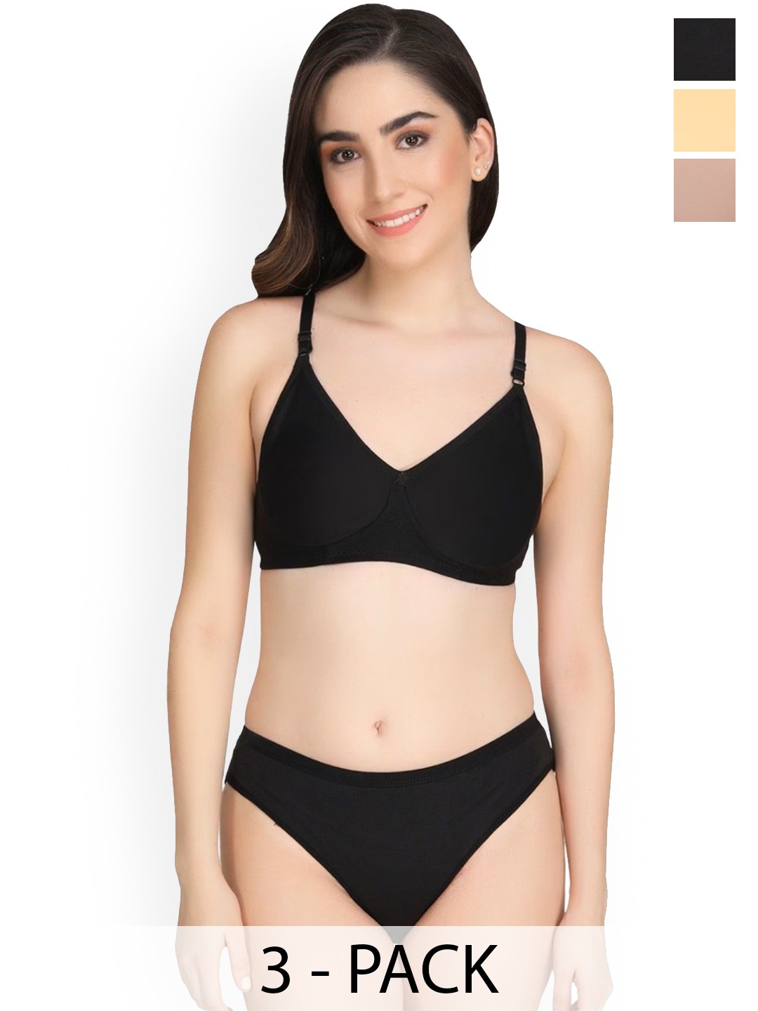 

Designer Bugs Women Pack Of 3 Lightly Padded Lingerie Set DBLS-B-Y-PH-30B, Black
