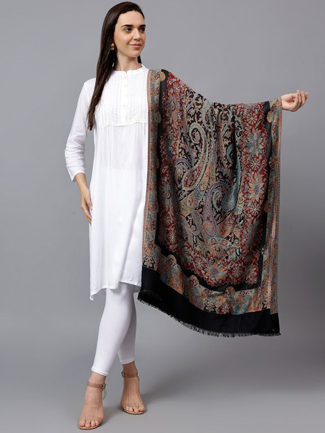 

Mizash Paisley Woven Design Pure Woollen Shawl, Black