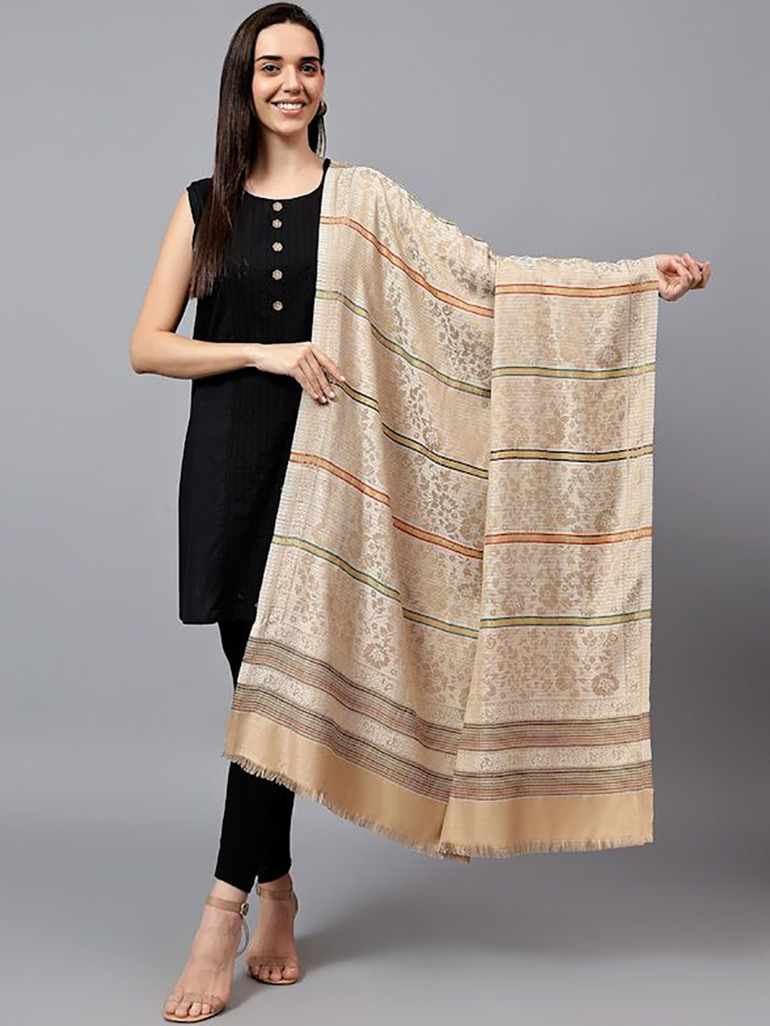 

Mizash Women Floral Printed Shawl, Beige