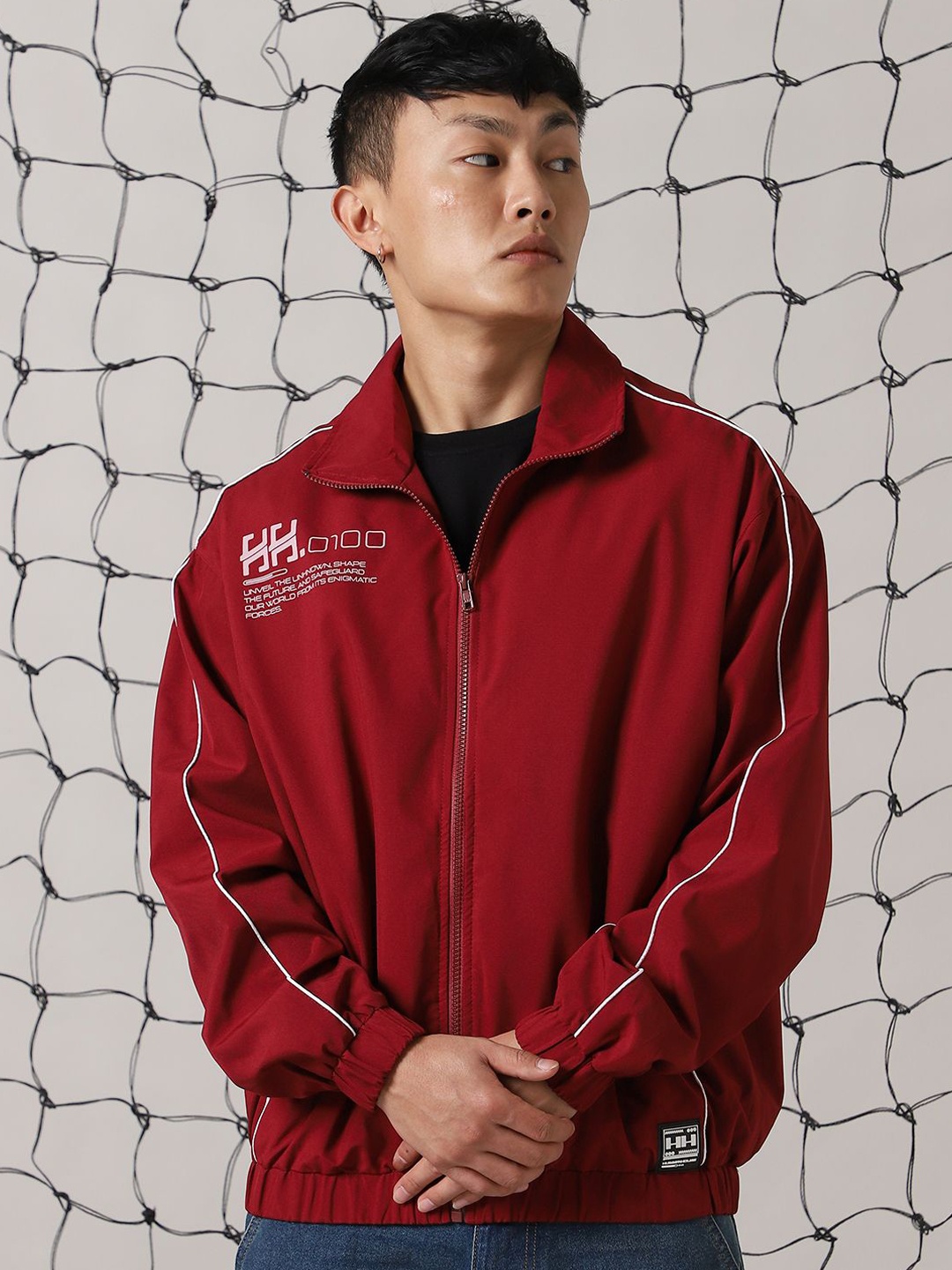 

Hubberholme Men Mock Collar Typography Printed Casual Bomber Jacket, Red