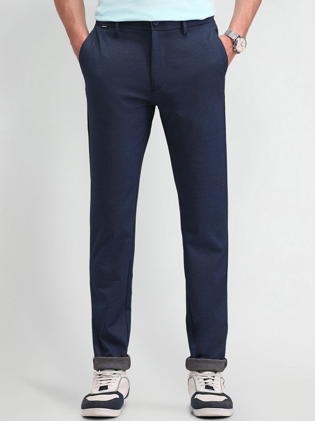 

Arrow Sport Men Textured Urban Slim Mid-Rise Regular Trousers, Navy blue
