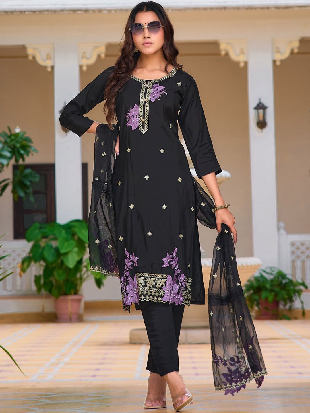 

KALINI Floral Embroidered Thread Work Chanderi Cotton Kurta with Trouser & Dupatta, Black