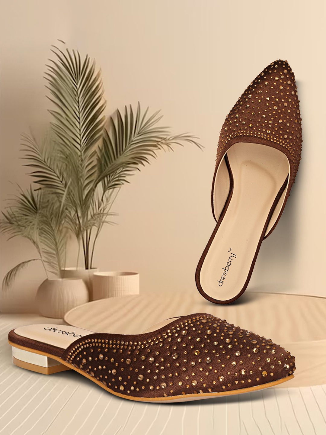 

DressBerry Women Embellished Mules Flats, Brown