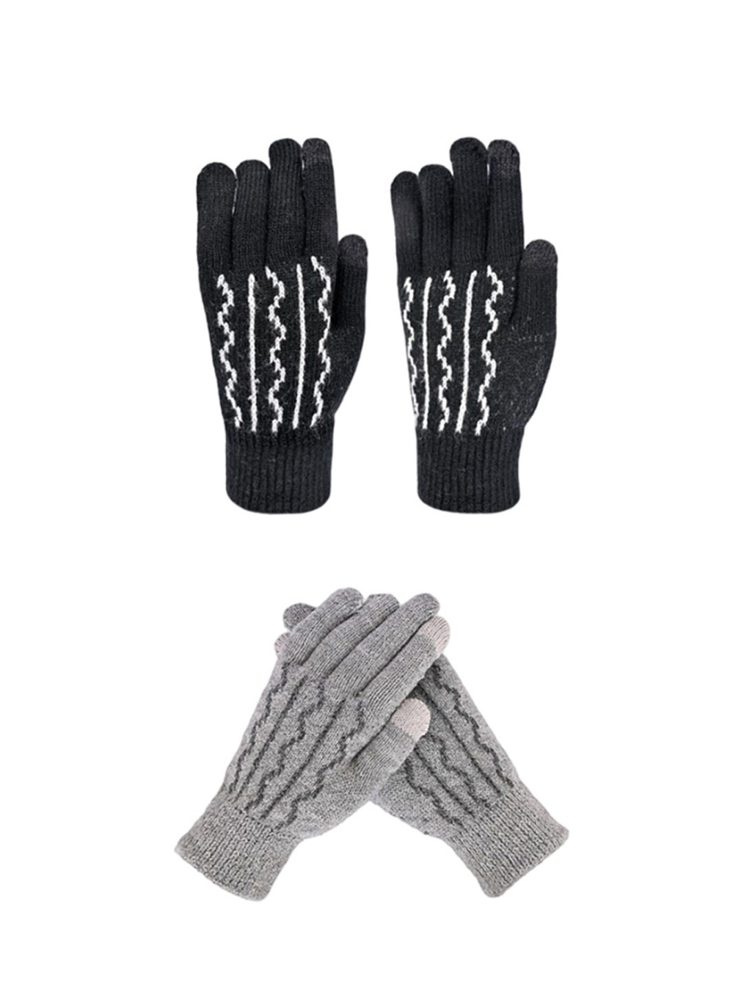 

LOOM LEGACY Women Woollen Winter Pack of 2 Pairs Striped Acrylic Touchscreen Gloves, Grey