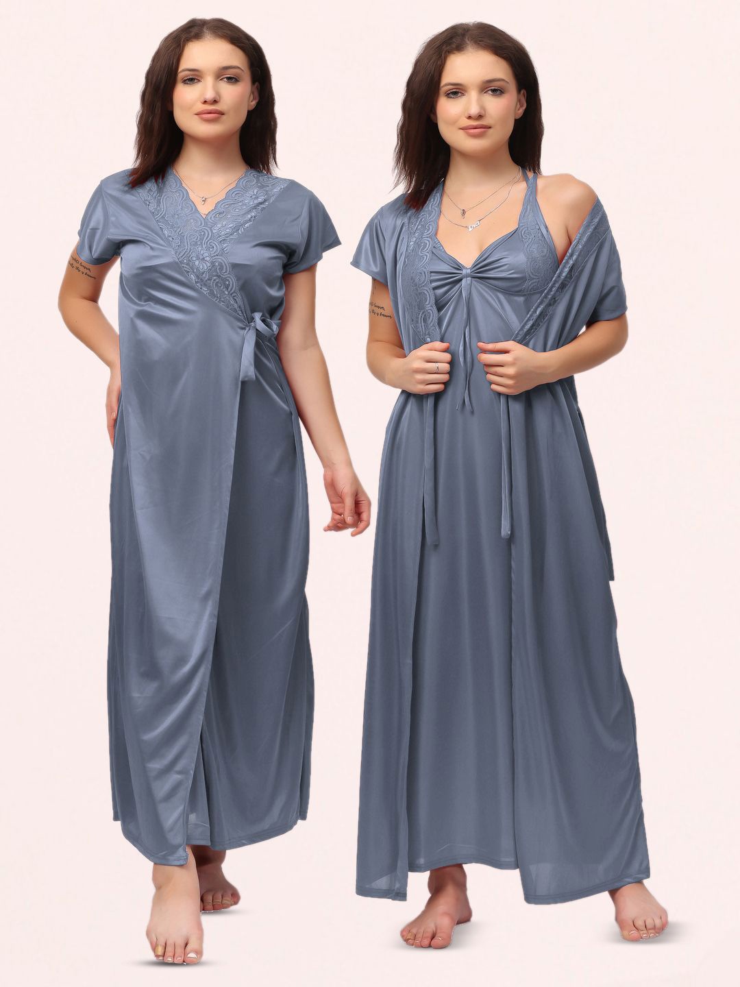 

NIGHT KEYS Women Set Of 6 Satin Lace Maxi Nightdress, Grey