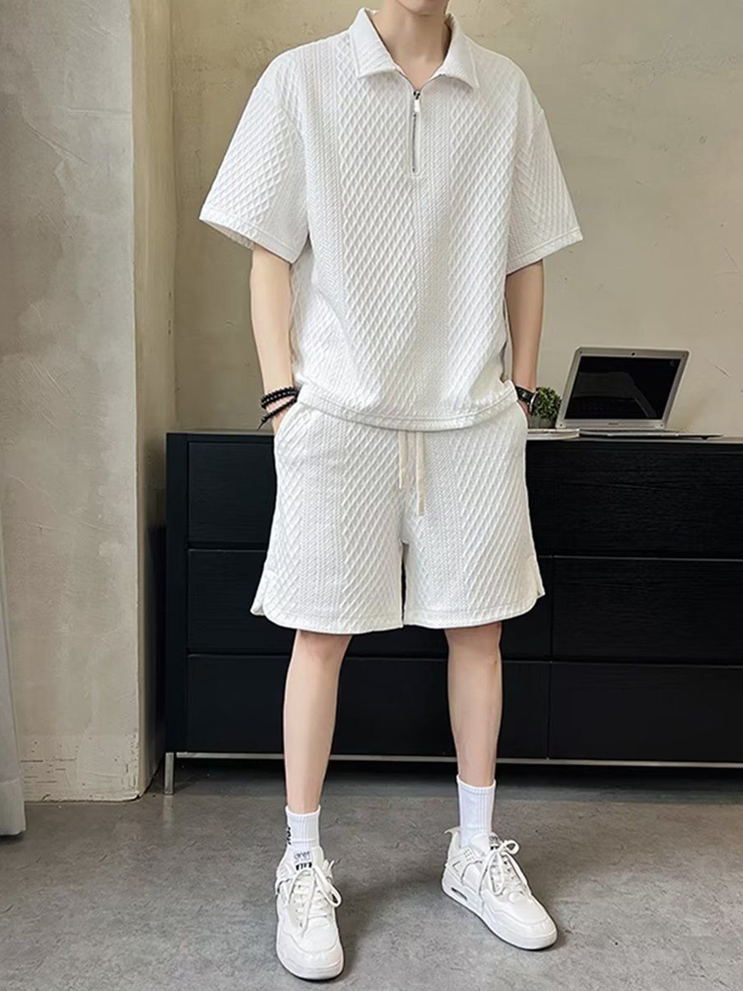 

StyleCast White Self-Design Shirt Collar T-Shirt With Shorts
