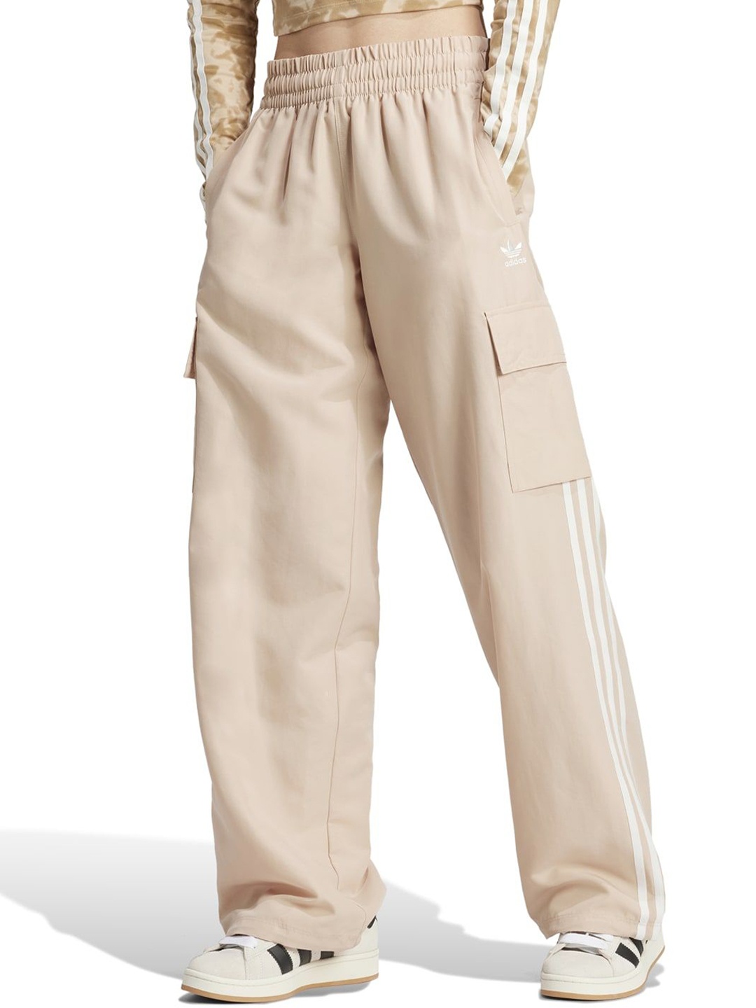 

ADIDAS Originals Striped Loose Fit High-Rise Cargos, Beige