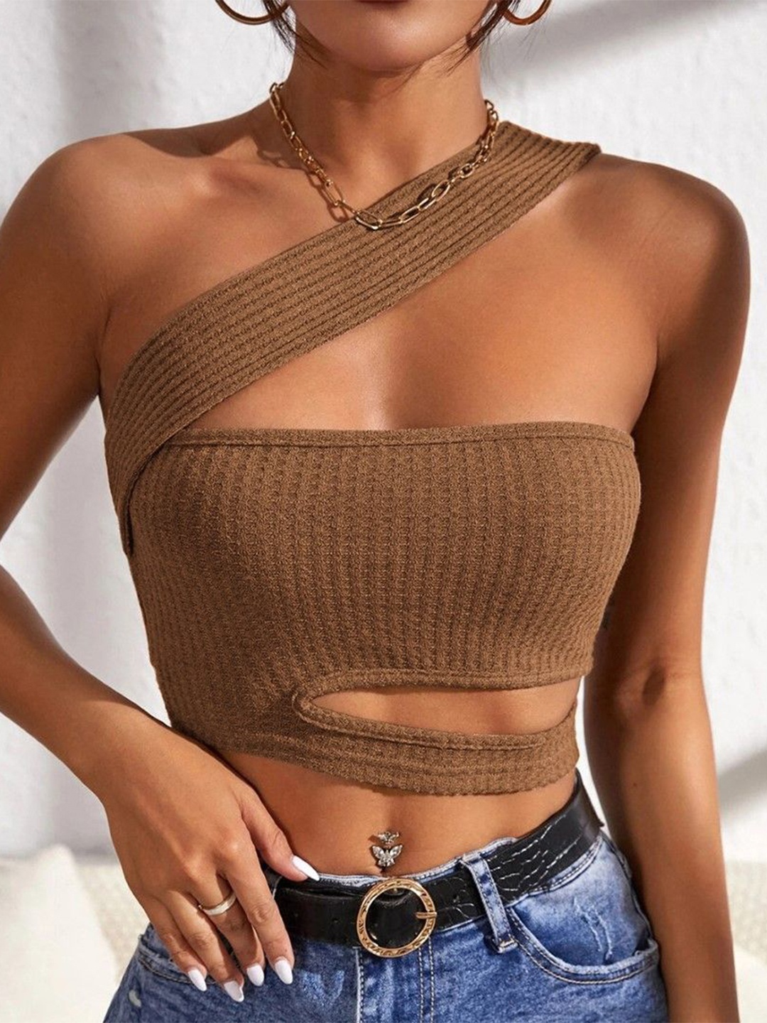 

StyleCast Women One Shoulder Crop Top, Brown