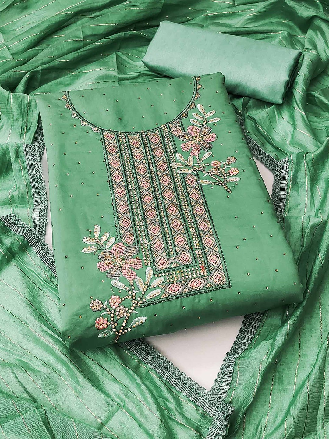 

Peachmode Floral Embroidered Beads and Stones Chanderi Silk Unstitched Dress Material, Green