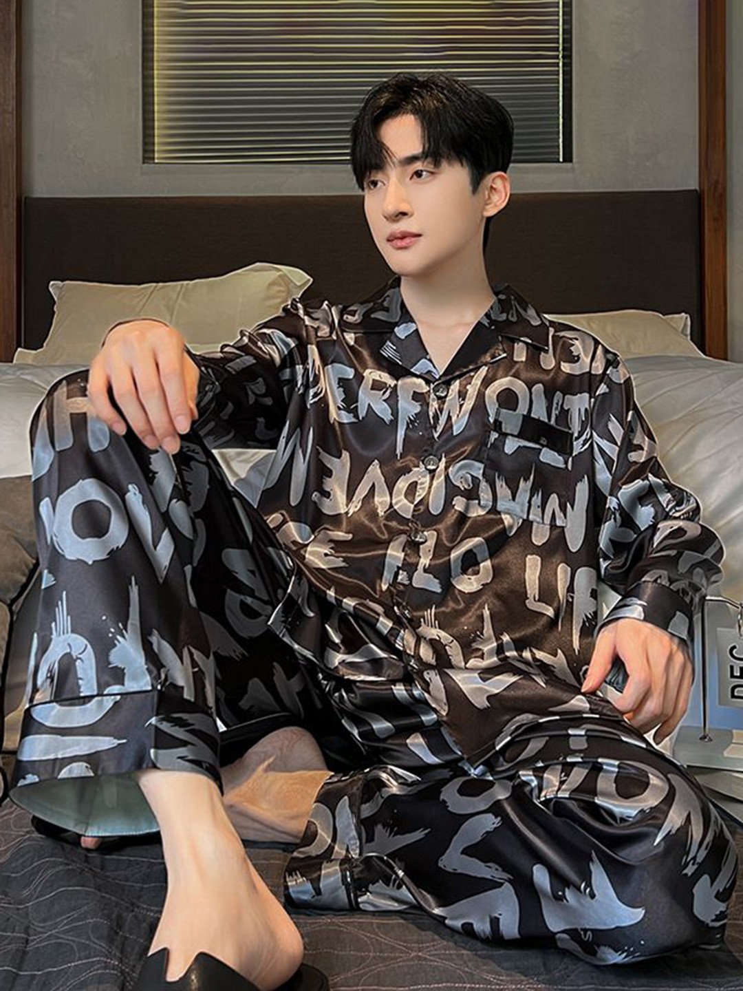 

StyleCast Men Typography Printed Shirt With Pyjama Night Suit, Black