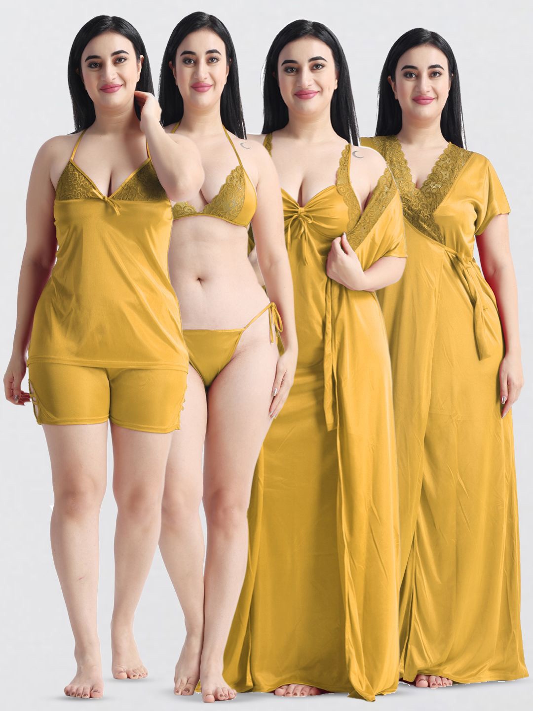 

NIGHT KEYS Women Set Of 6 Everyday Robe Sweat Nightdress Piece, Mustard