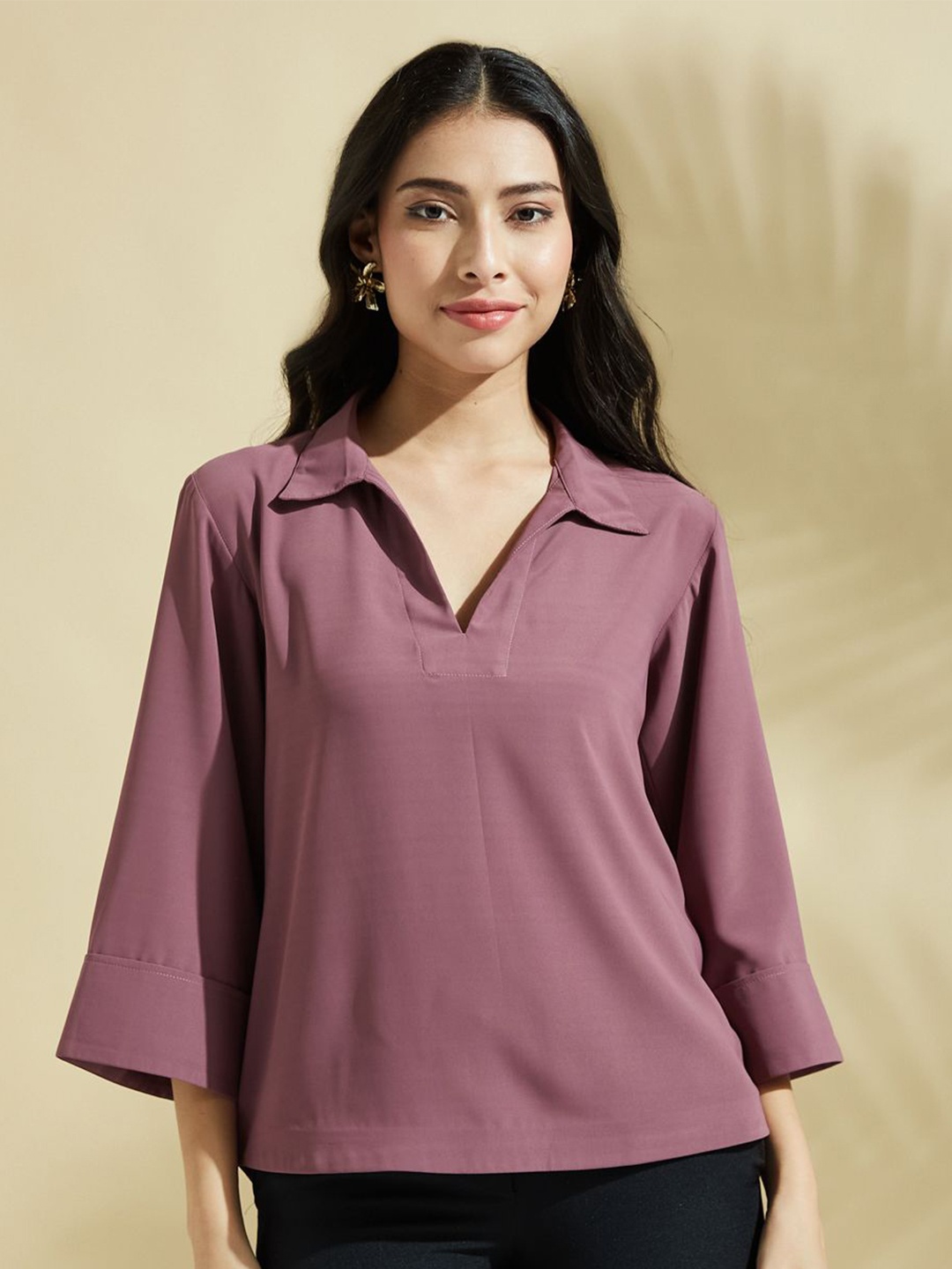 

DEPANO Shirt Collar Georgette Top, Purple