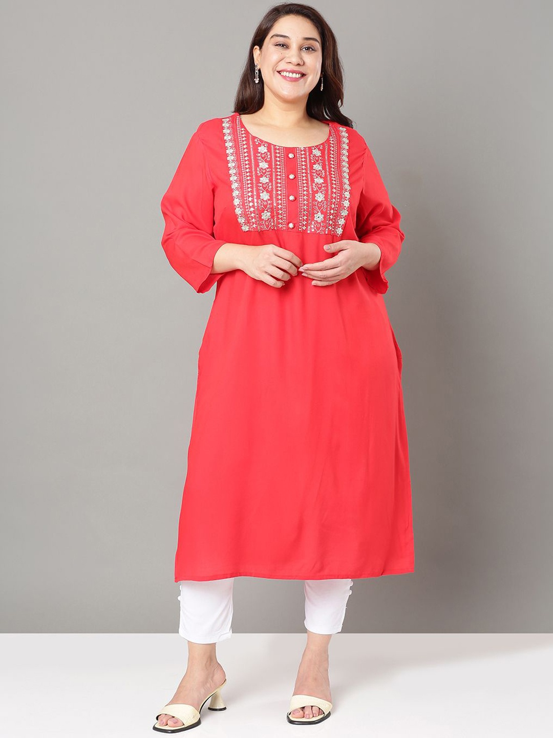 

Sztori Floral Embroidered Yoke Design Sequined Straight Kurta, Red