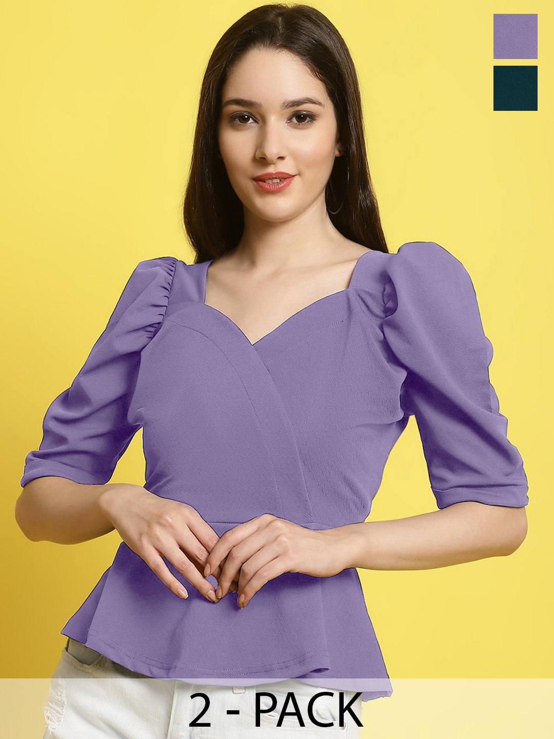 

Metronaut Women Pack Of 2 Puff Sleeves Crop Regular Top, Purple
