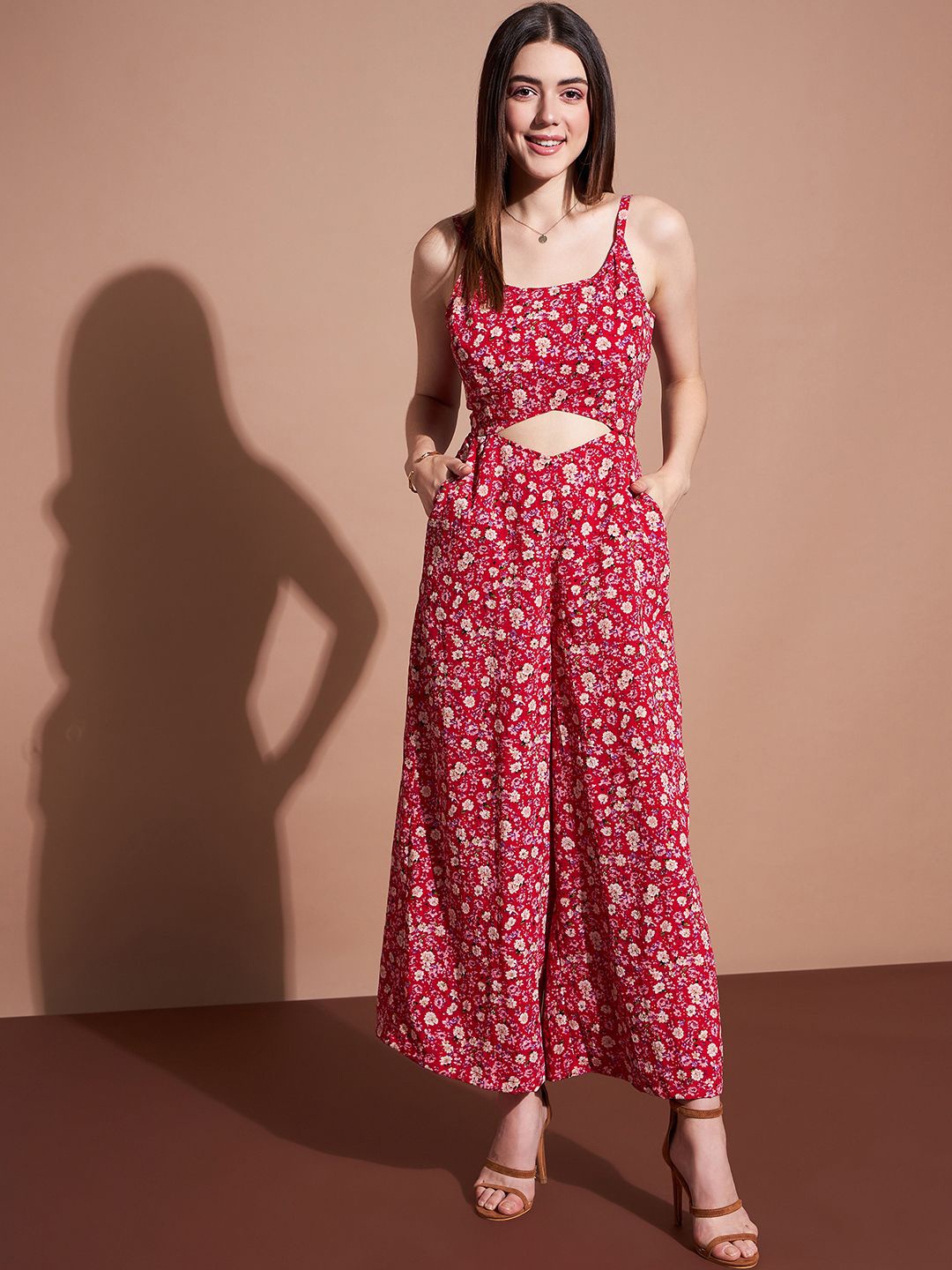

Deewa Women Shoulder Straps Floral Printed Jumpsuit, Red