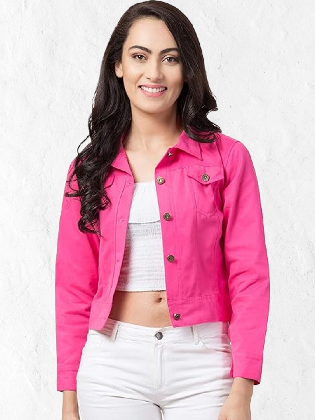 

Funday Fashion Women Spread Collar Solid Cotton Casual Denim Jacket, Pink