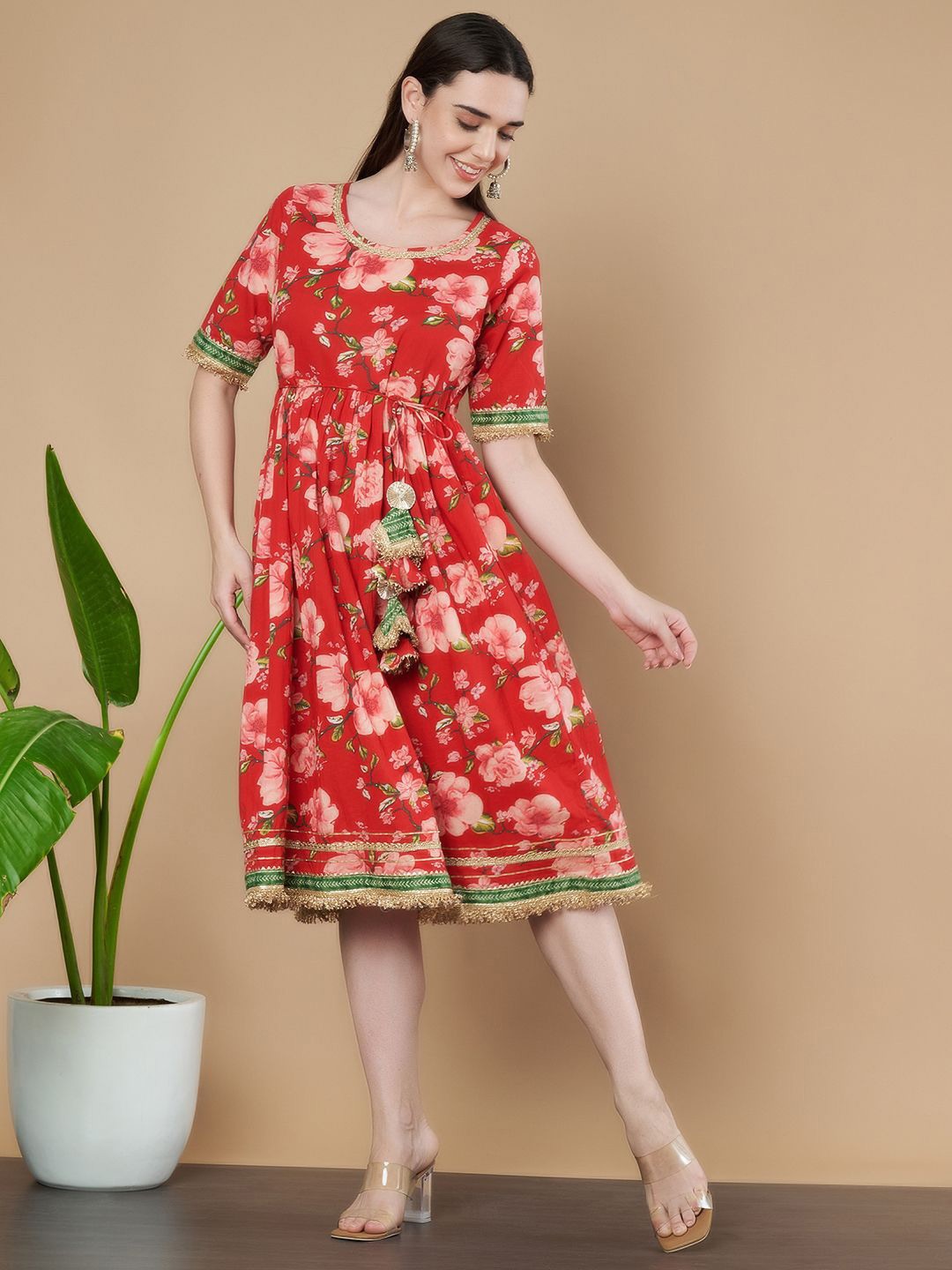

COTLAND FASHION Women Floral Printed Cotton Ethnic Dress, Red