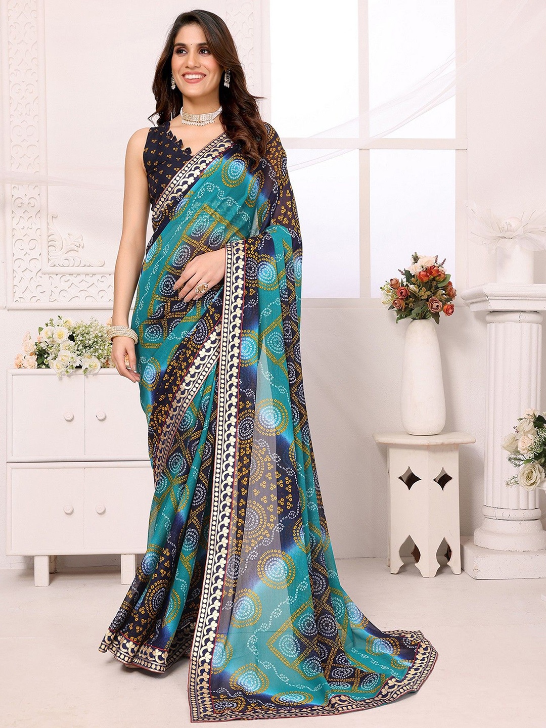 

KALINI Bandhani Printed Embroidered Saree, Turquoise blue